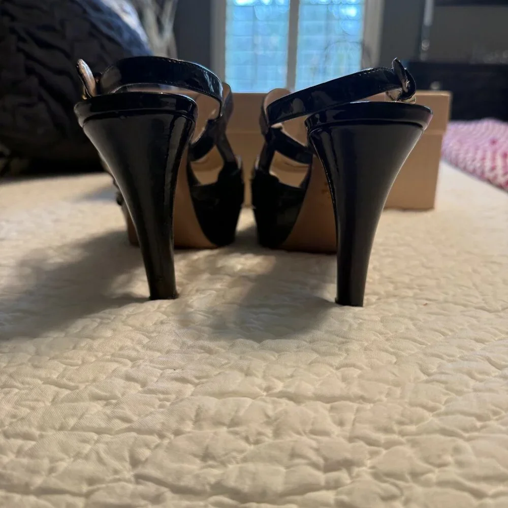 **Prada Patent Leather Cutout Accent Slingback Sandals** - Picture 3 of 7